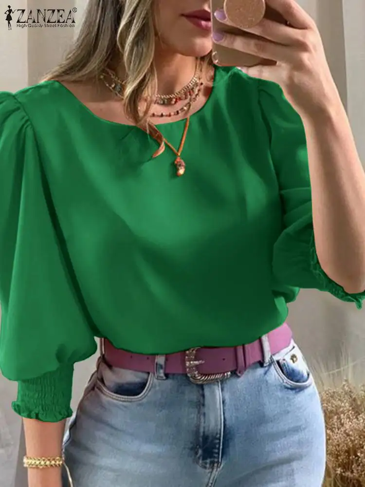 ZANZEA 2024 Summer Streetwear Puff 3/4 Sleeve Blouse Women Solid Fashion Pleating Blusa Elegant Round Neck Shirt Casual Y2k Tops