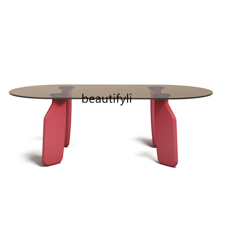 

Light Luxury Minimalist Color Tempered Glass Tea Table Solid Wood Pedestal Small Apartment Living Room Coffee Table Oval