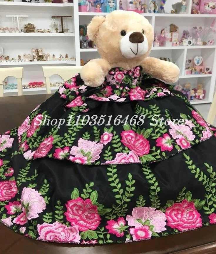 Personalised Quinceanera Teddy Bear Dress Black Ruffle Delicate Floral Appliques Special Links