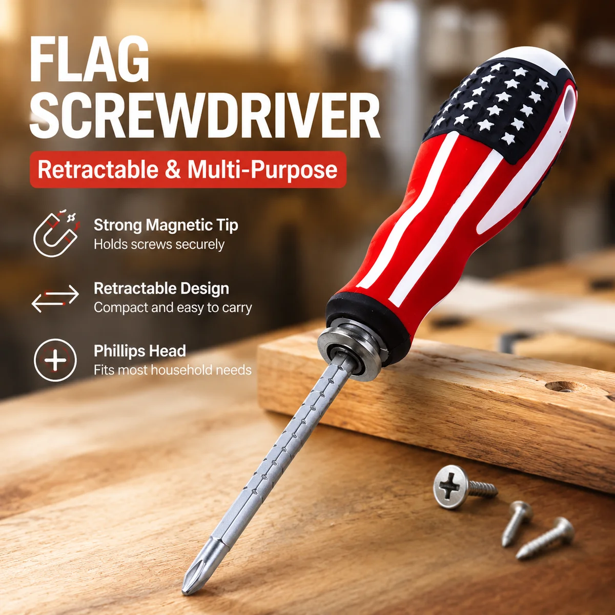 1Pcs Retractable Multi Screwdriver with Magnetic Tip, Flag Pattern Comfort Grip Phillips Slotted Hand Tool for Home DIY