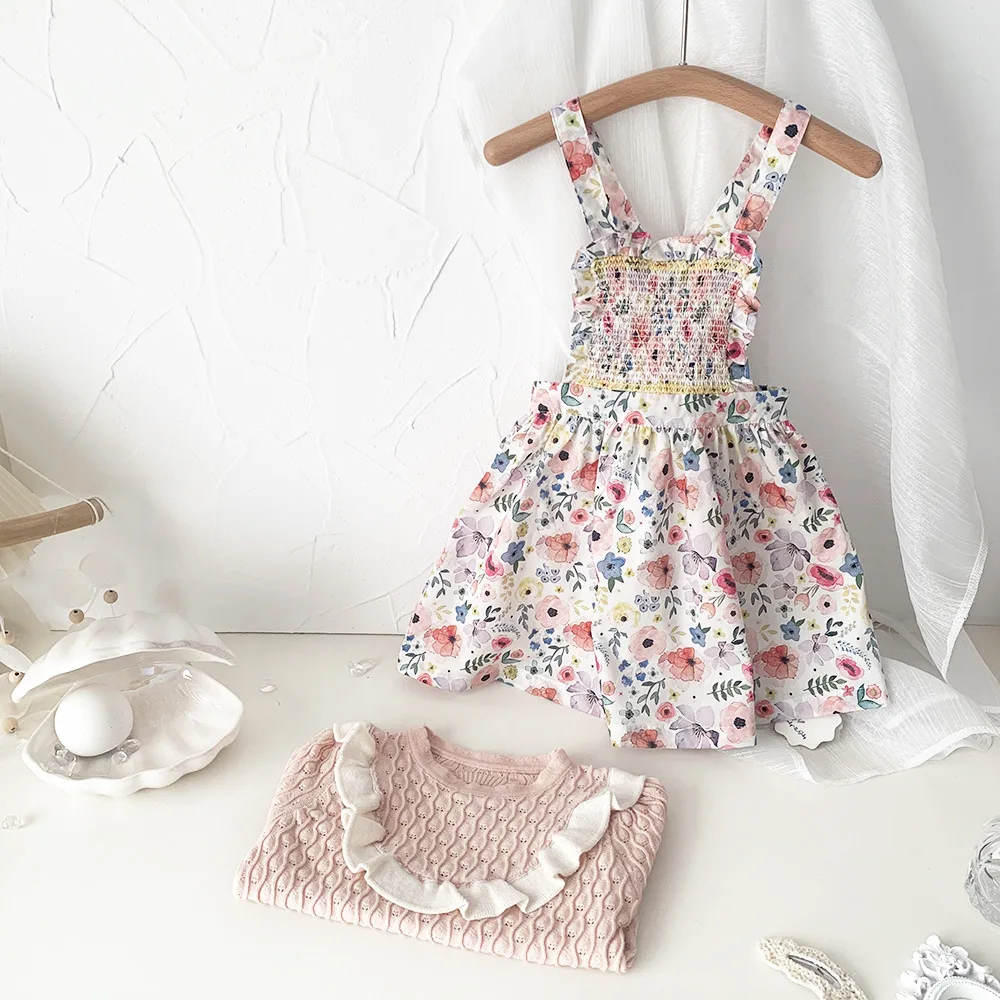 1-5Y Baby Girl Spring Summer Floral Printed Vintage Princess Dress Party Causal Ruffles Smocked Sleeveless Sling Dresses