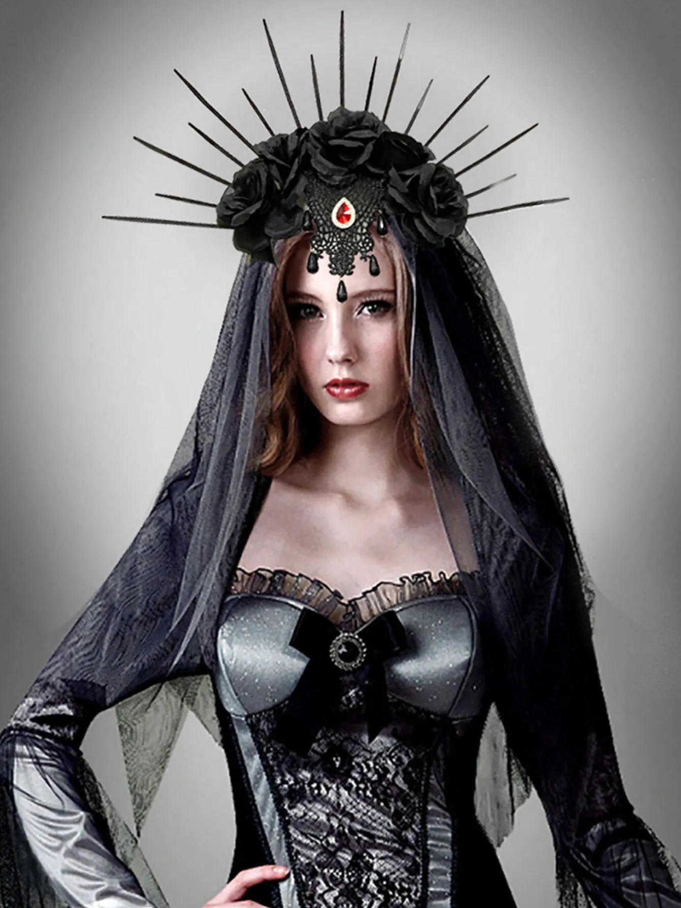 1pc Dress up Headcloth Hair Hoop Gothic Crown Mesh Black Rose Retro European and American Dress Gothic Tie Bridal Headcloth Hair