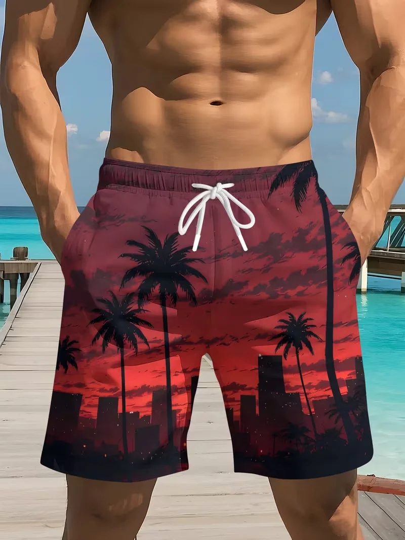 Adult and Children's Hawaiian Sunset Palm Beach Shorts 3D Printed Quick-Dry Beach Vacation Sports Casual Shorts