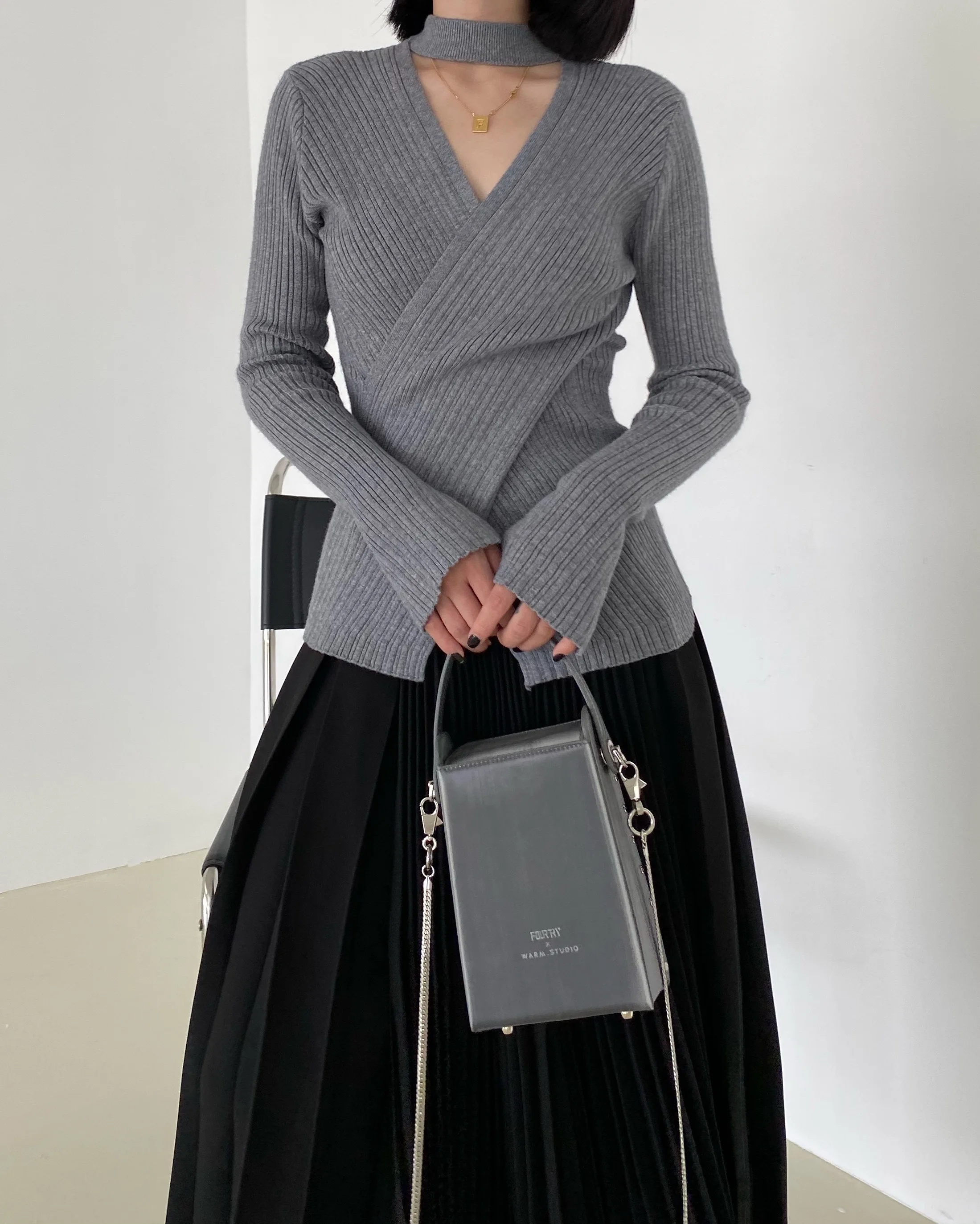 

Cross-Ne V-Ne Knitted Slim Fit Top ow Clavicle Base irt Commute Sle Regular Thin Long Sve Pure Color