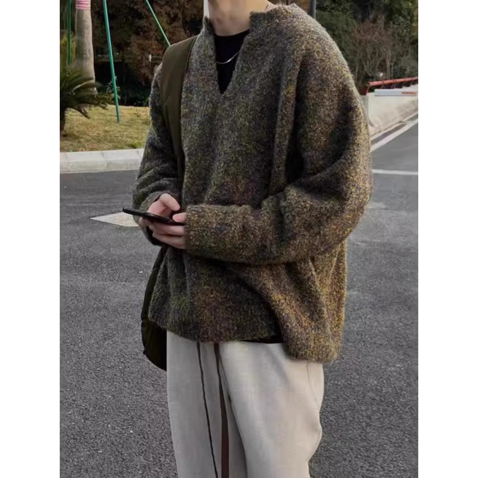 فضفاضة تناسب V-Ne تريكو الرجال عادية Sle الأمريكية الرجعية سترة معطف ألياف البوليستر الشباب الخريف الشتاء Faion ملابس خارجية #2