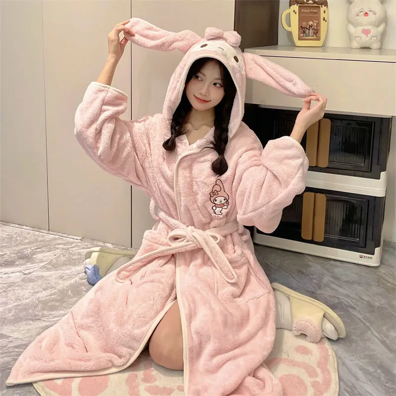 Sanrioed Pajamas Cartoon Kuromi Cinnamoroll Hooded Bathrobe Women My Melody New Adult Child Cotton Thickened Cartoon Sleeprobe