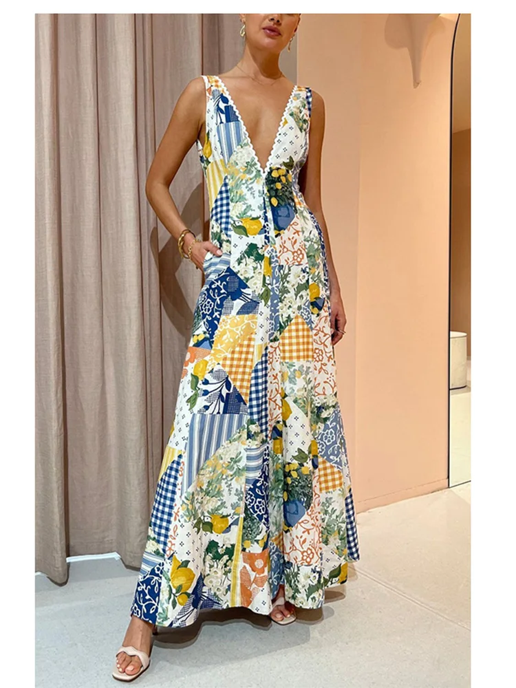 Summer Women\'s Sleeveless Casual Style Polyester Material 2023 New Fashion Printed V-neck High Waist Large Swing Dress