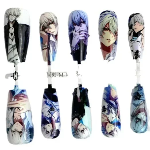 SAMATOKI AOHITSUGI Hypnosis Microphone Division Rap Battle Game Fake Nails Cartoon Character Blue Press on Nails Accessories