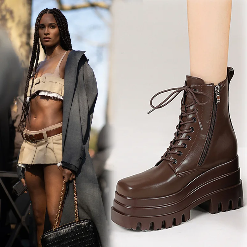 

Women Leather Platform Combat Boots Fashionable Lace Up Ankle Boots with Chunky Lug Sole Edgy Trendy Footwear for Street Casual