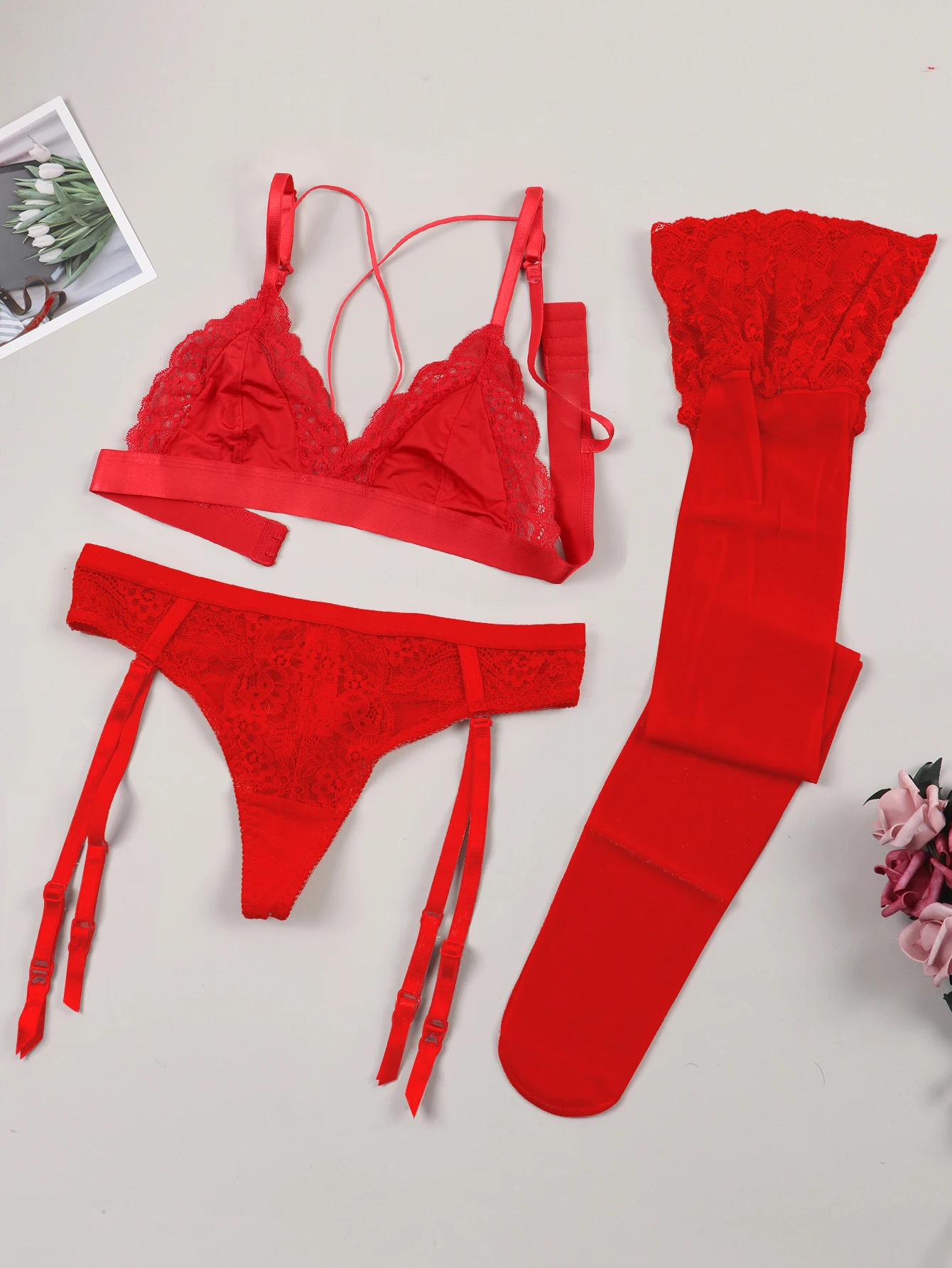 Varsbaby lace bra and panty set with garter and stockings