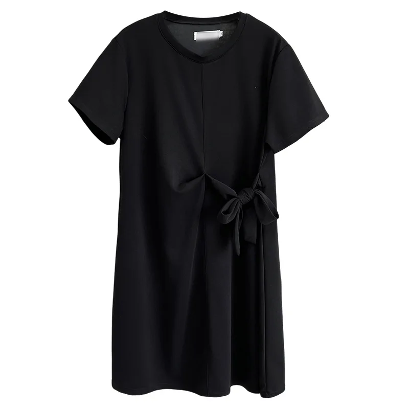 

Summer New 100KG Plus Size Drawstring Waist Short Sleeve Dress For Casual Women's Wear Scuba Knitting Fabric Black Dress