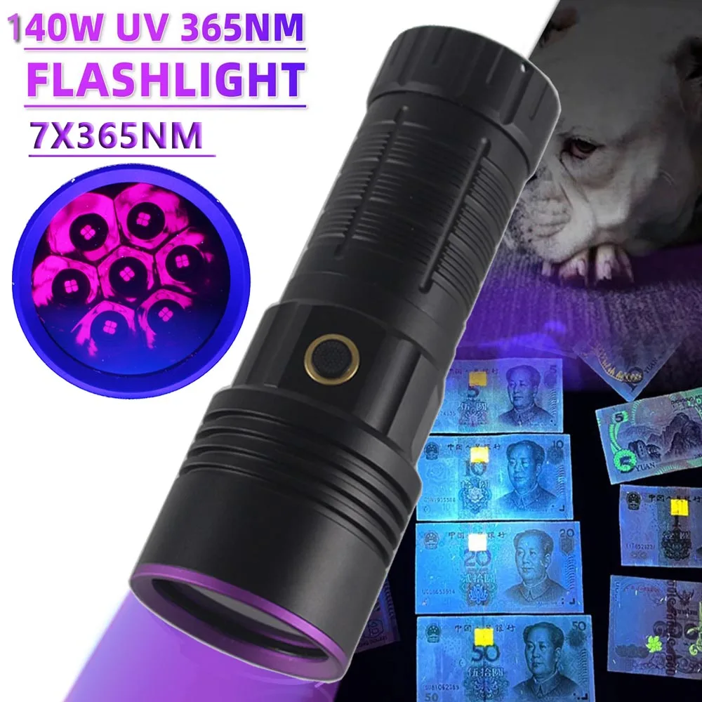 140W SV117 High Power UV Flashlight 7X365nm Blacklight Cat Dog Urine Stain Ore Scorpion Marker Powerful Rechargeable UV Torch