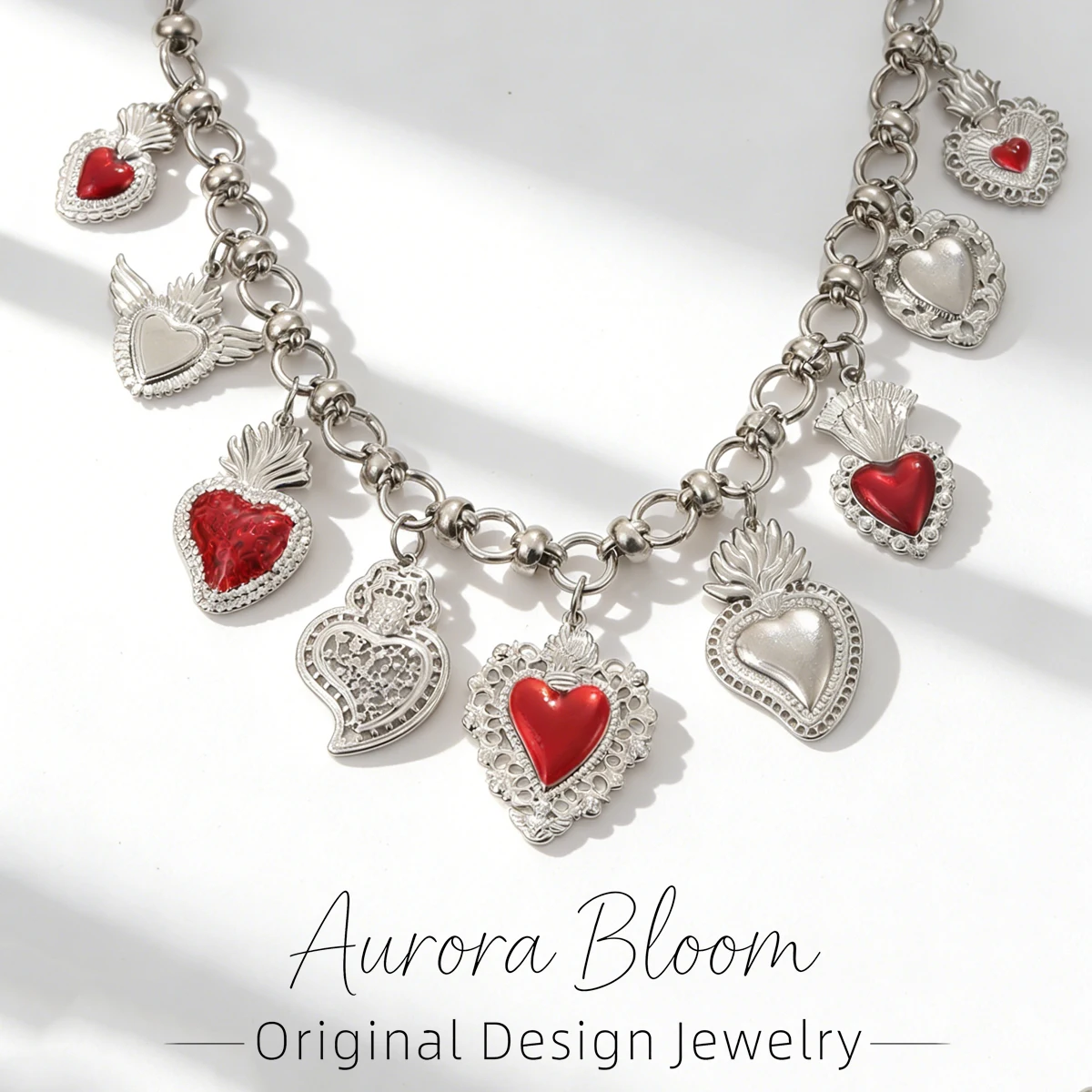

AURORA Punk Style Red Enamel Heart Pendant Necklaces For Women's Choker Necklace Hip-Hop Stainless Steel Jewelry Accessories