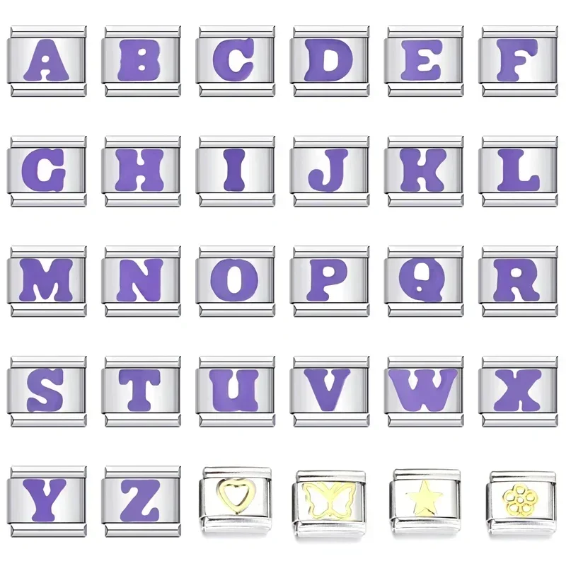 2024 New DIY Italian Bracelet 9mm Charm Youth Style Y2k Stainless Steel Sexy Purple 26 English Letter Module Gift