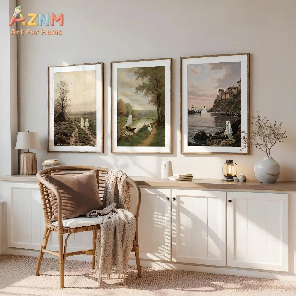 AZNM 3Pcs Vintage Ghost Landscape Canvas Wall Art, Retro Country River Town Ghost Print Frameless Canvas Painting, Soft Spooky