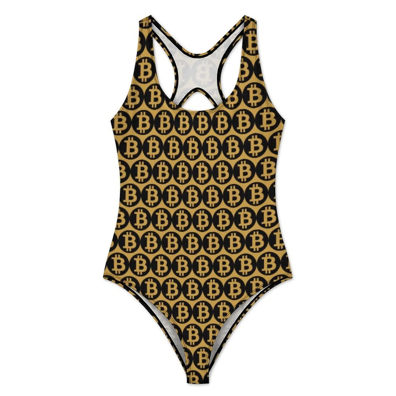 Perfect Black Bitcoin Swimsuit Gold Coin Print One Piece Swimwear Push Up Fashion Bathing Suit Sexy Fitness Design Bodysuit