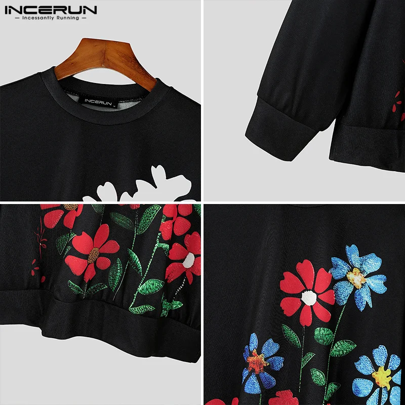 INCERUN Handsome New Men Tops Floral Print Pullovers Streetwear Male Hot Selling Personality Long Sleeved Sweatshirts S-4XL 2024