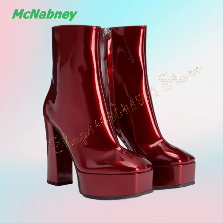 

Thick Sole Patent Leather High Heel Boots,Flat Toe Thick Heel Boots for Women Zipper Women's Boots 2024 New Zapatos Para Mujere