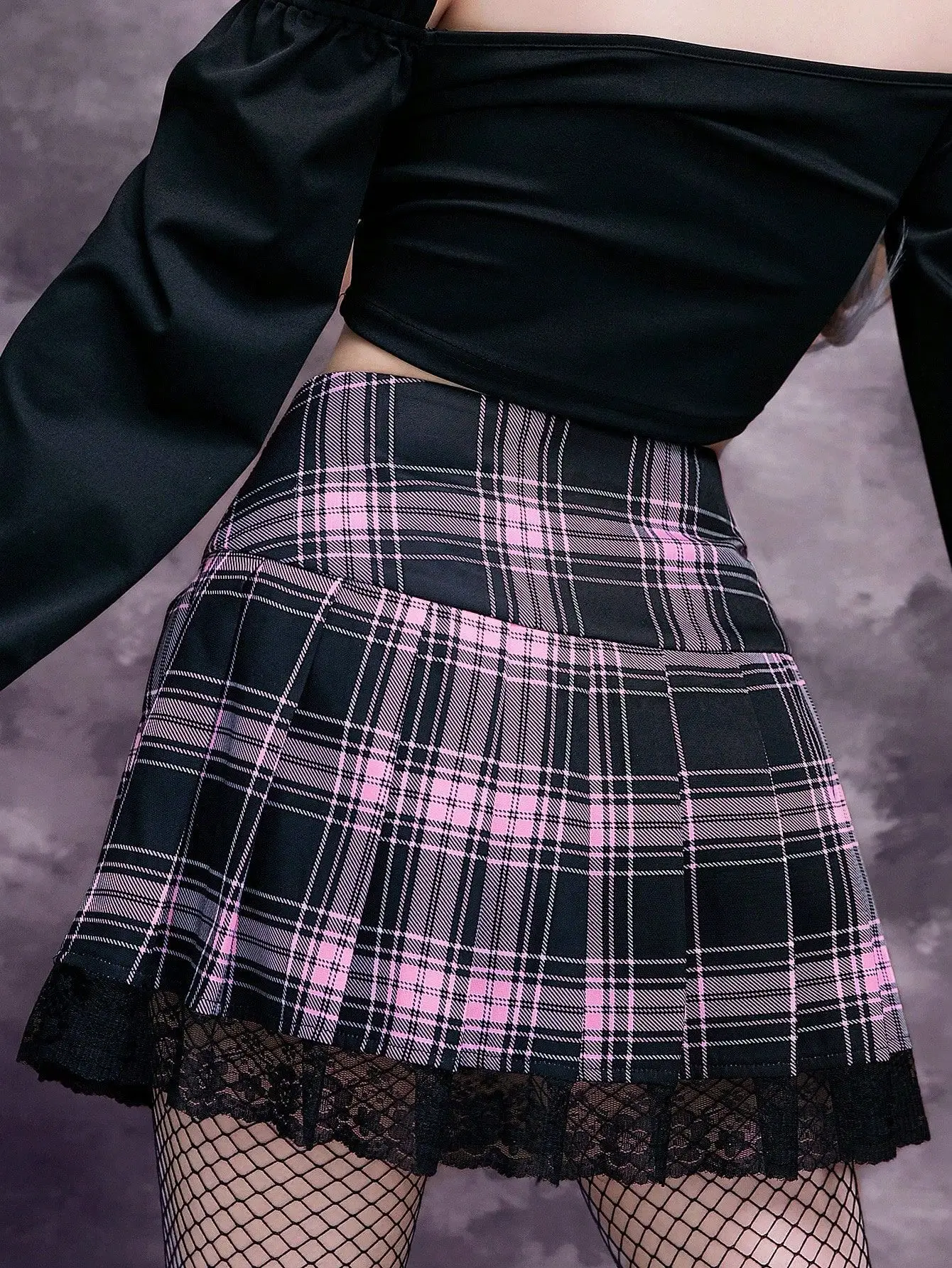 E-girl Retro Lace Up Pleated Skirt High Waist Plaid Print Mesh Stitching Hem Y2K Aesthetic Gothic Black Pink Mini Skirts Bodycon
