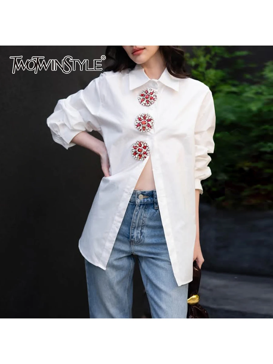

TWOTWINSTYLE Solid Spliced Diamonds Loose Blouse For Women Lapel Long Sleeve Temperament Long Shirts Female Fashion Style New