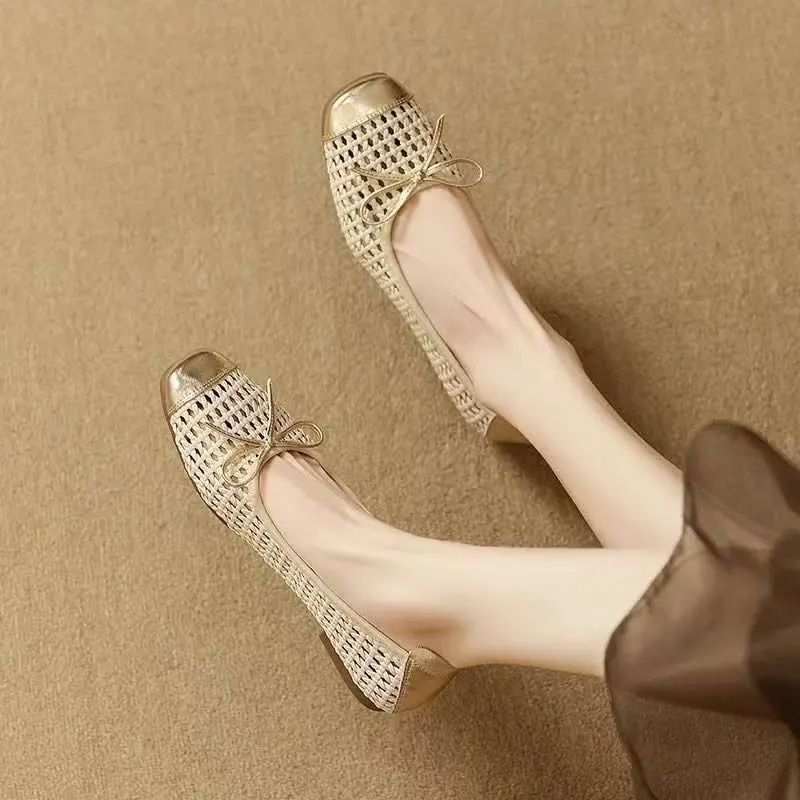 

Women Woven Hollow Out Mesh Shoe Summer New Soft sole Shallow Slip On Fashionable Nude Shoes Light Breathable Flat sole Shoe