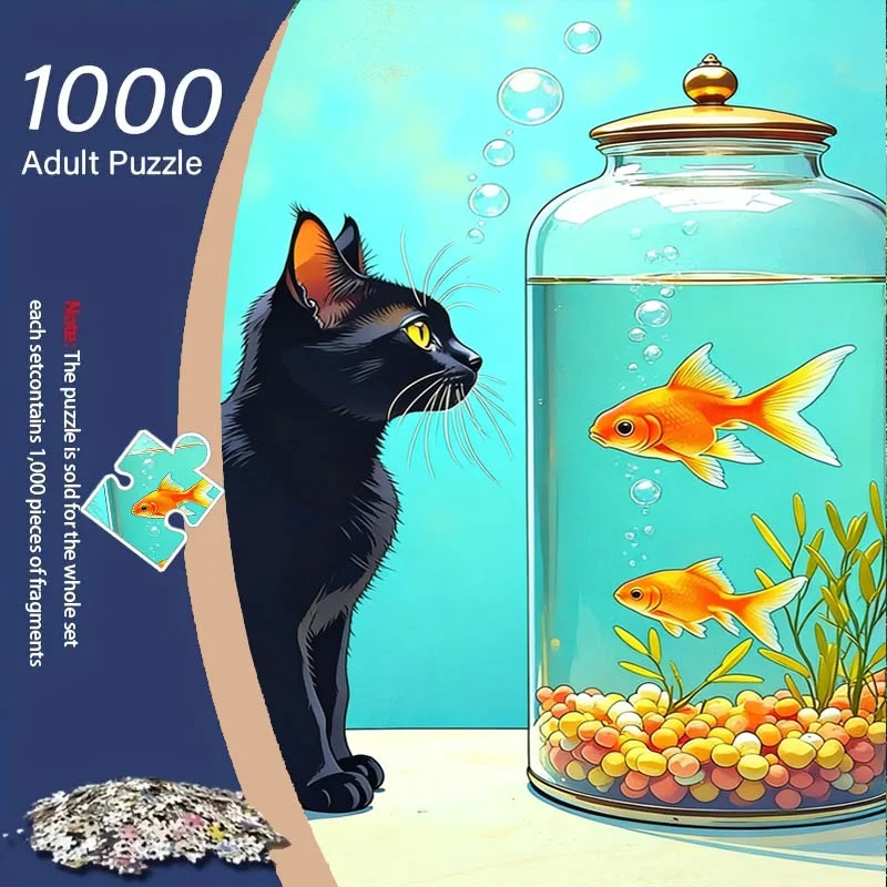 1000pcs Black Cat & Goldfish Puzzle - -Scale Challenge with Cute Feline & Fish Pieces, Premium Cardboard Brain- for s & Famili