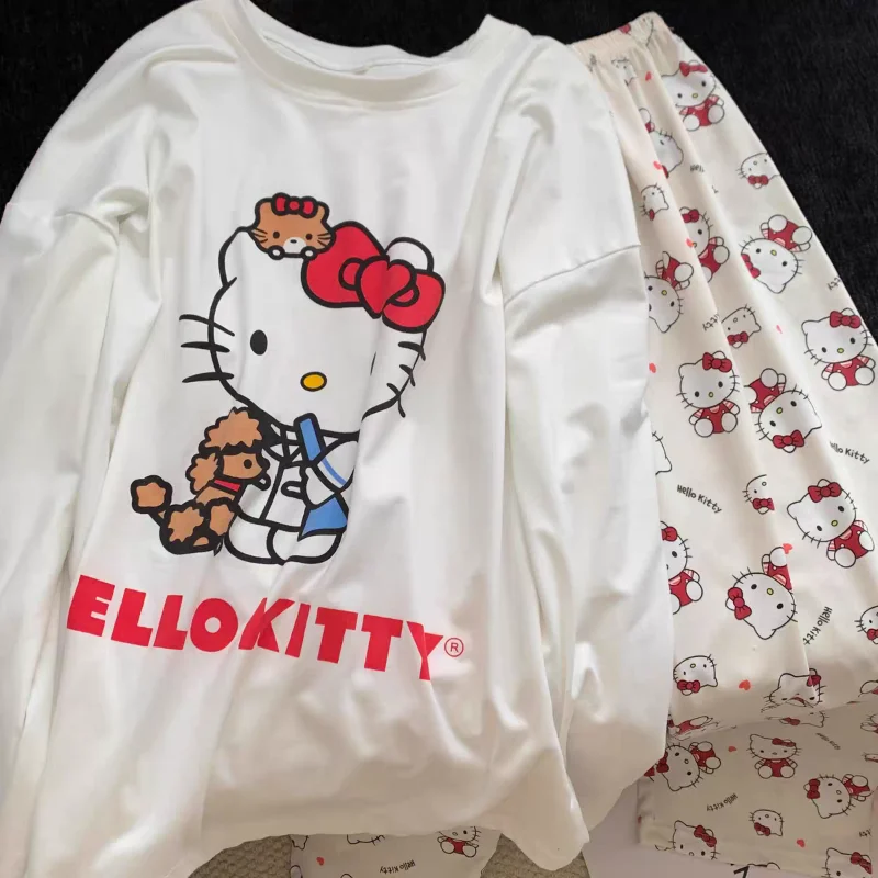 

Женские пижамы Hellokitty, милый кавайный костюм из двух предметов с героями мультфильмов, теплая одежда для сна, повседневный комплект домашней одежды с длинными рукавами, подарок