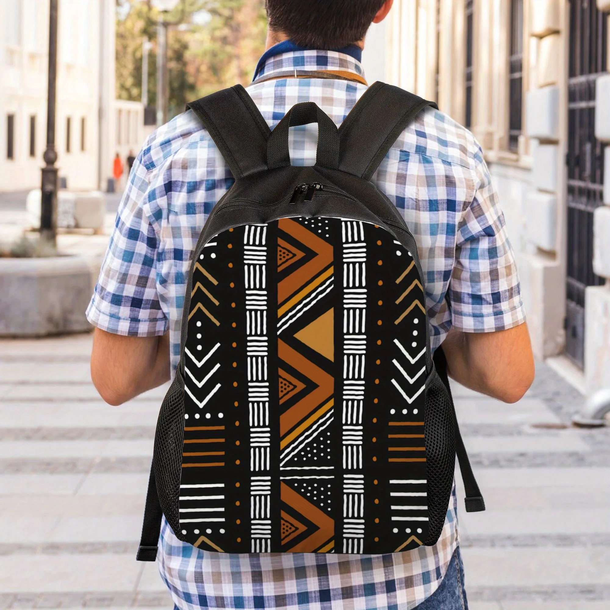 

African Bogolan Casual Printed Backpack, Ideal for Student Travel, Adjustable Shoulder Strap, Suitable for Laptop and Daily Use