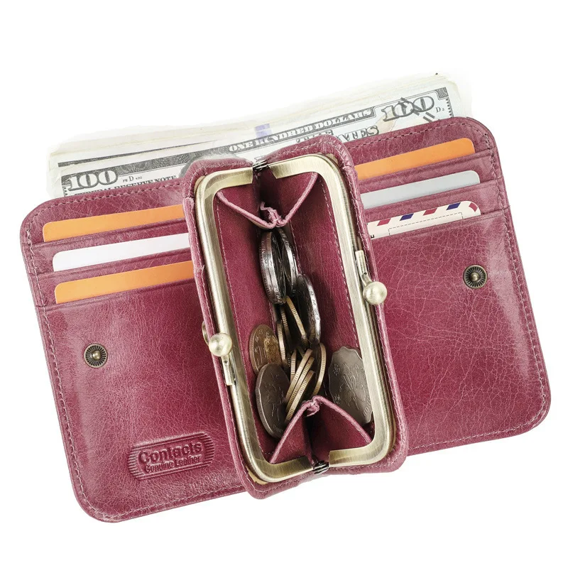 Anti-theft Brush Three Fold Strap Iron Hinge Genuine Leather Multifun Ctional Short Women Wallet Coin Purse Holder Women Wallets