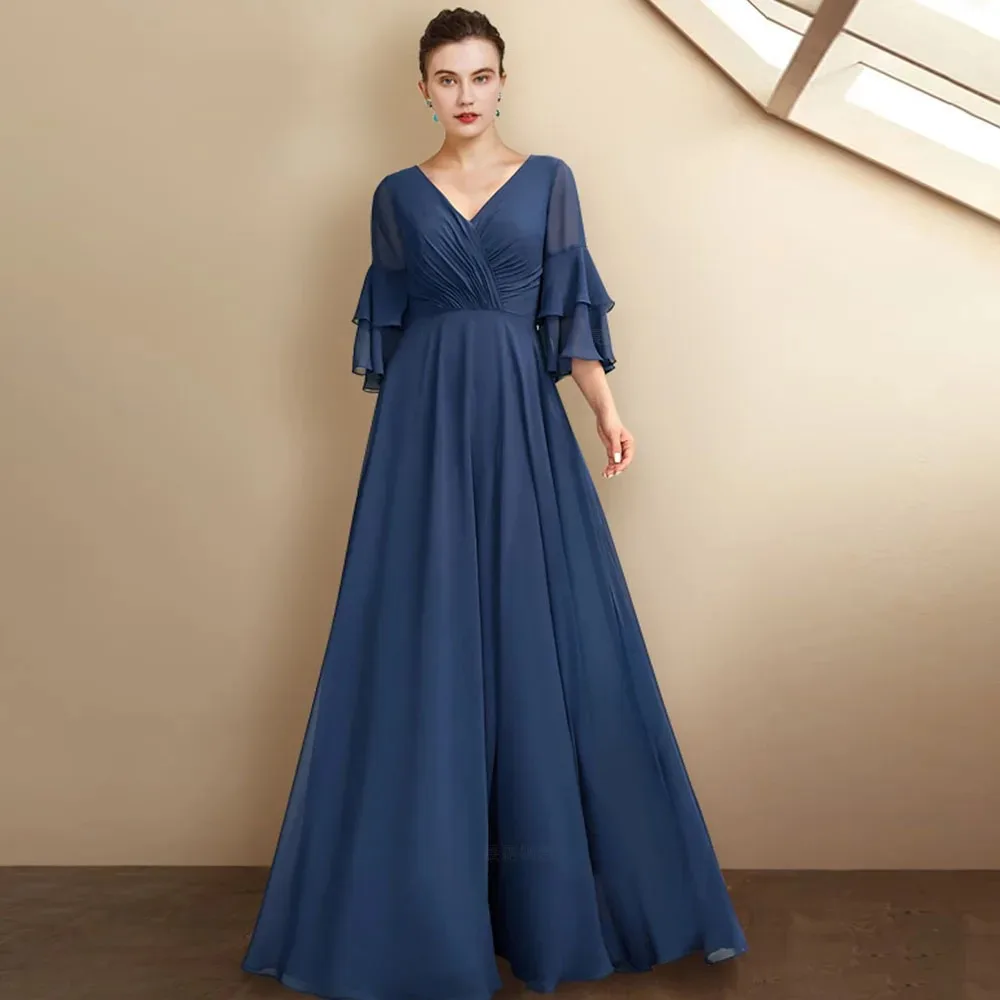 Blue Mother of the Bride Dresses 2024 Simple V-Neck Chiffon Wedding Guest Gown A-Line Long Elegant Dress Women For Wedding Party