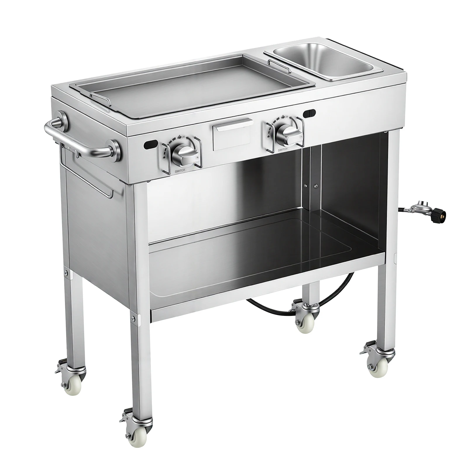 Outdoor Propane Griddle, 2 Burners (11,600 BTU Each), Commercial Stainless Steel Gas Griddle Cart with 4 Lockable Wheels, 1/3 Food Pan, Easy-Grip Side Handle, Burgers & Meats, Ideal for Hot Dogs