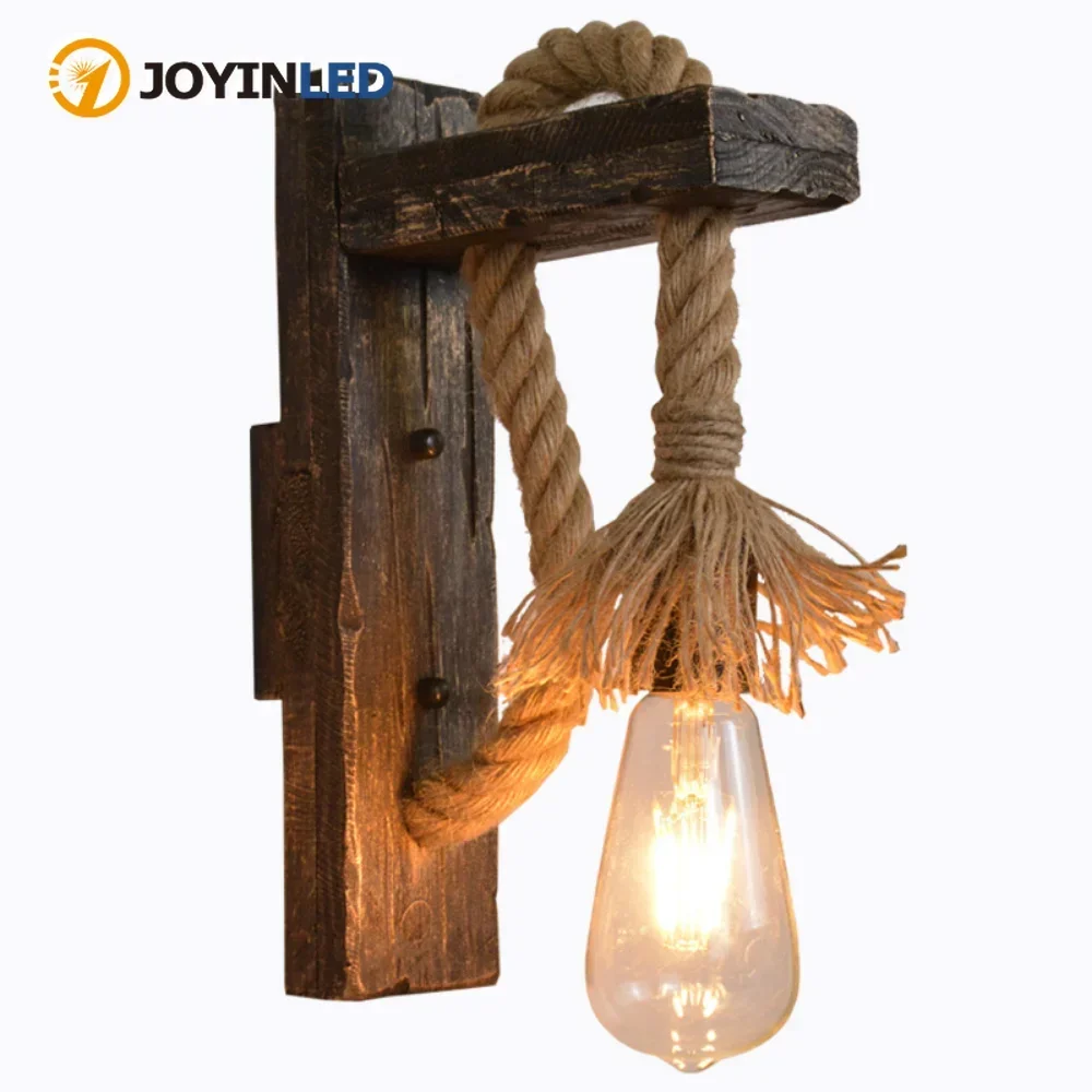 Wood Rope WalRetro Bedside Loft Light Hemp Rope Wood Luminaire Industrial American Decor Lighting Wooden Wall Light