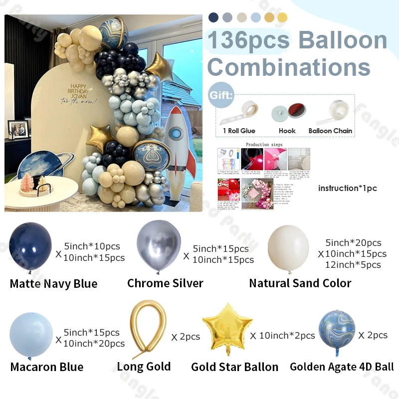 136 Outerspace Balloon Arch Navy Blue Silver Golden Agate Galaxy Party Balloon Baby Shower Out of This World Blast Off Birthday