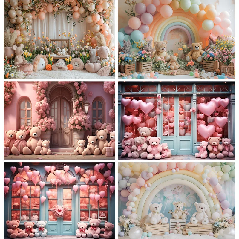 

Newborn Portrait Birthday Party Photography Backdrops Teddy Bear Rainbow Color Balloons Arch Decor Photo Studio Background BP-15