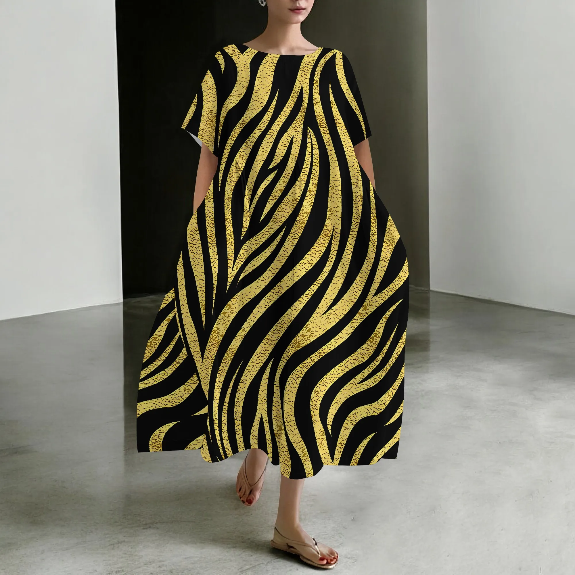 

EQQZD Short Sleeve Round Neck Dress with Pockets, Colorful Zebra-Stripe Print Dress, Stylish Casual Dress for Women