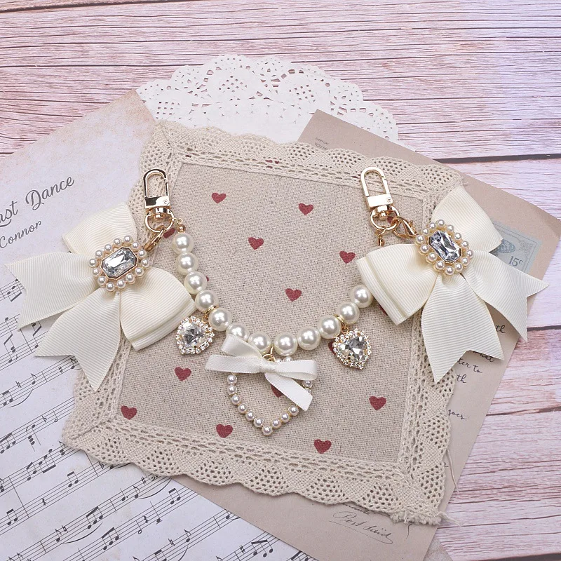 

Y2K Lolita Bag Charm Japanese Kawaii Bow Pearl Heart Chain Pendant DIY Handbag Accessories Sweet Purse Decoration