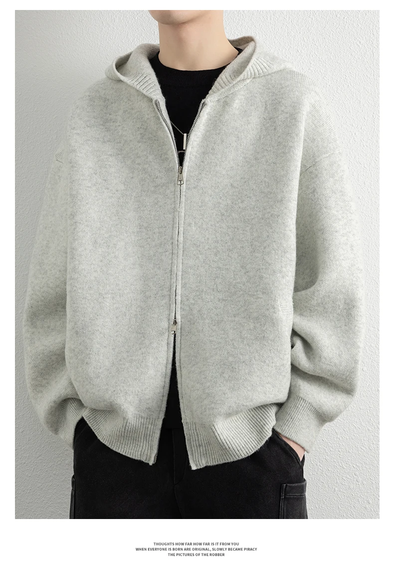 Legible Autumn Winter Casual Sweaters Men Solid Color Hooded Sweatercoats Male Loose Zip-up Knitted Cardigan Man