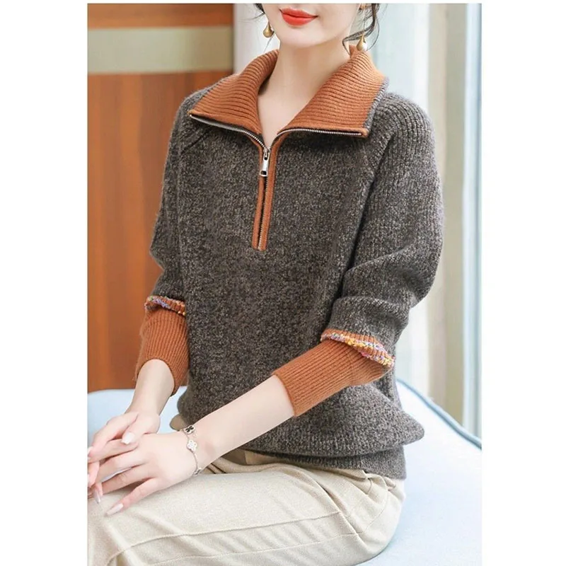 韓国風プルオーバージャケット レディース 2025年秋冬新作 ラペルジッパーセーターコート フェイクツーピースニットトップス インナーシャツ