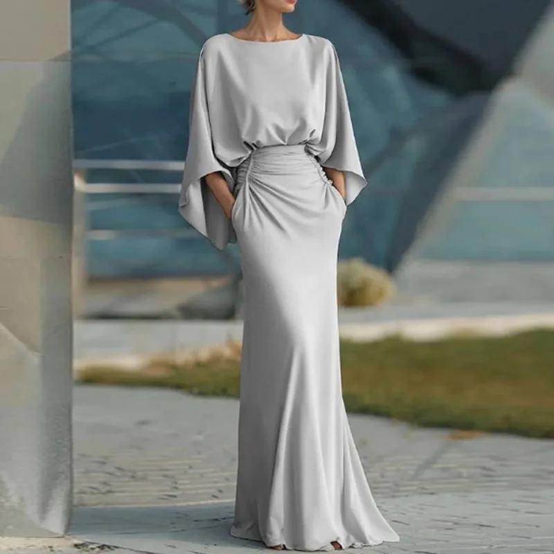 Womens Sexy Backless Hollow Bohemian Dress Spring Elegant O Neck High Waist Long Dress Summer Batwing Sleeve Slim Straight Dress - view 5