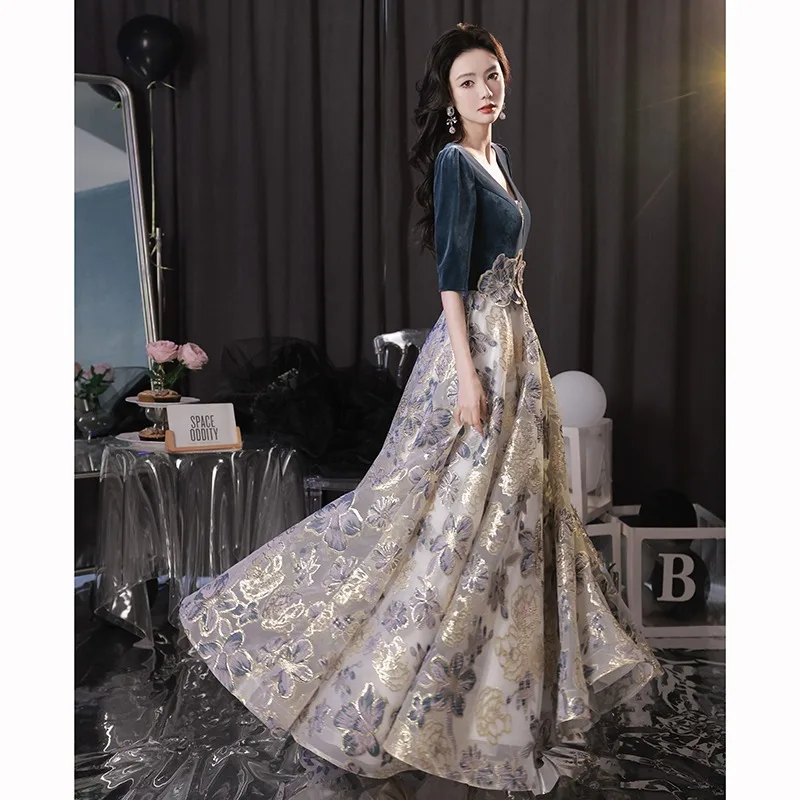 Vintage Flower Print Mother\'s Bridesmaid Dress French V-neck Banquet Evening Gown Elegant Half Sleeve Back Zipper Formal Dresses