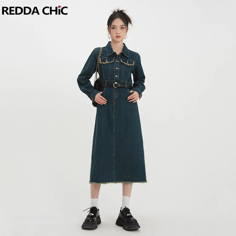 

REDDACHIC Tassels Frayed Midi Long Denim Dress Women Split Lapel Single-breasted Seamed Stitch Casual One-piece Cargo Workwear