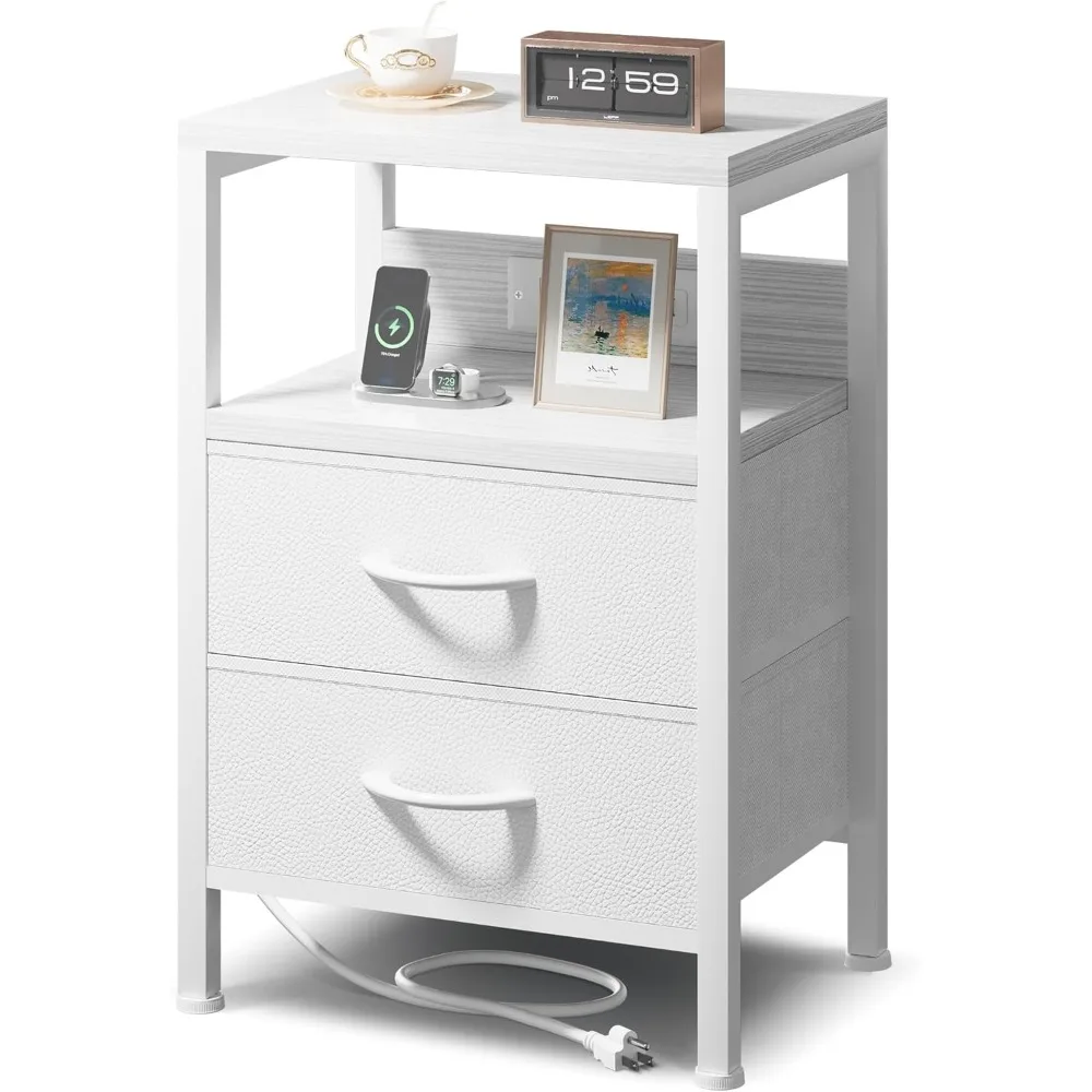 

NightStand Bedside Charging Table Bedroom - Night Stand with Charger Station, White Modern Bed Side End Table with Open Shelf &