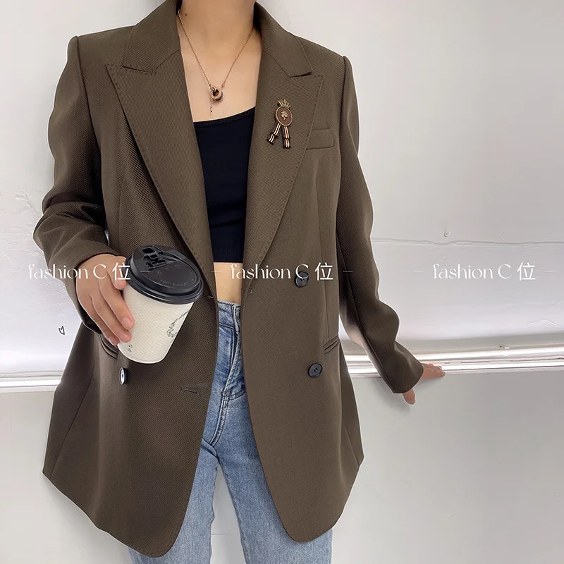 2023 Early Autumn New 100% Worsted Wool Suit Jacket Women's Badge Double Breasted Casual Fashion Versatile Suit