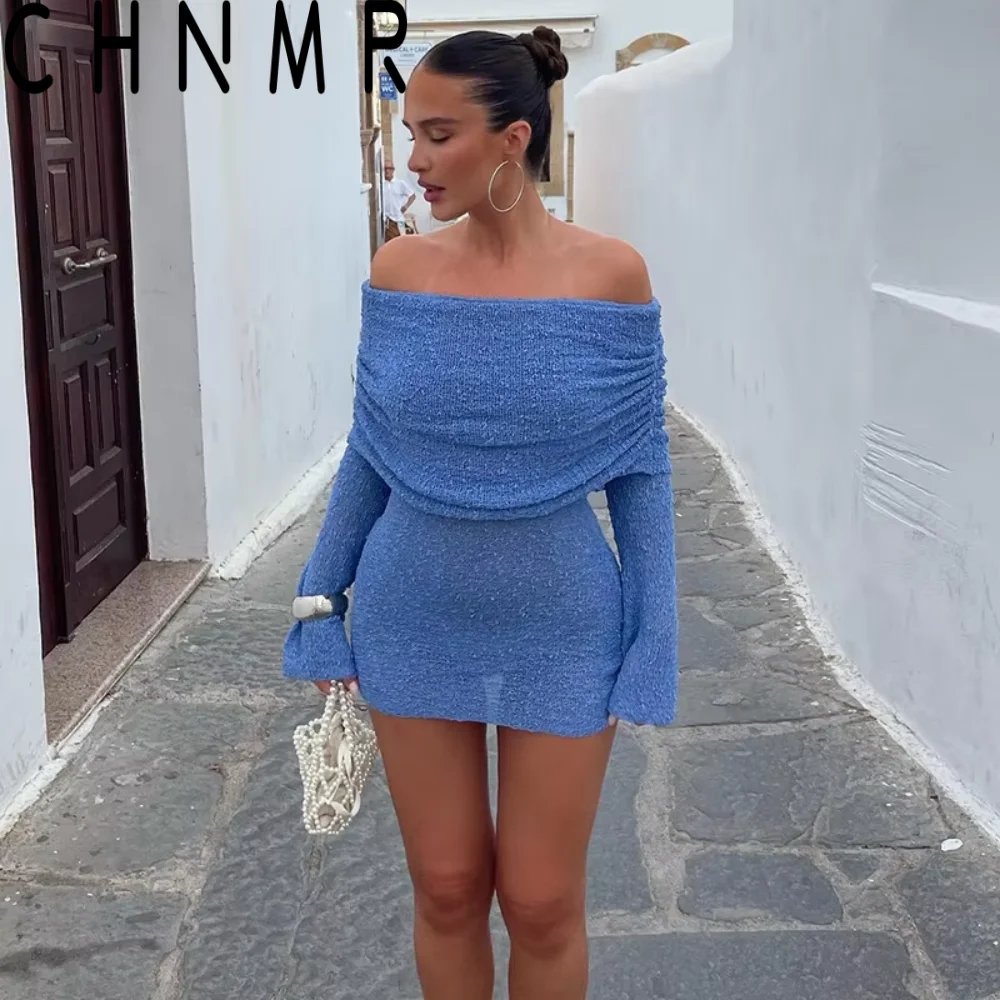 CHNMR Women Elegant See Through Soild Dress Female Hollow Out Off-Shoulder Long Sleeve Mini Dresses Casual Beach Party Vestidos