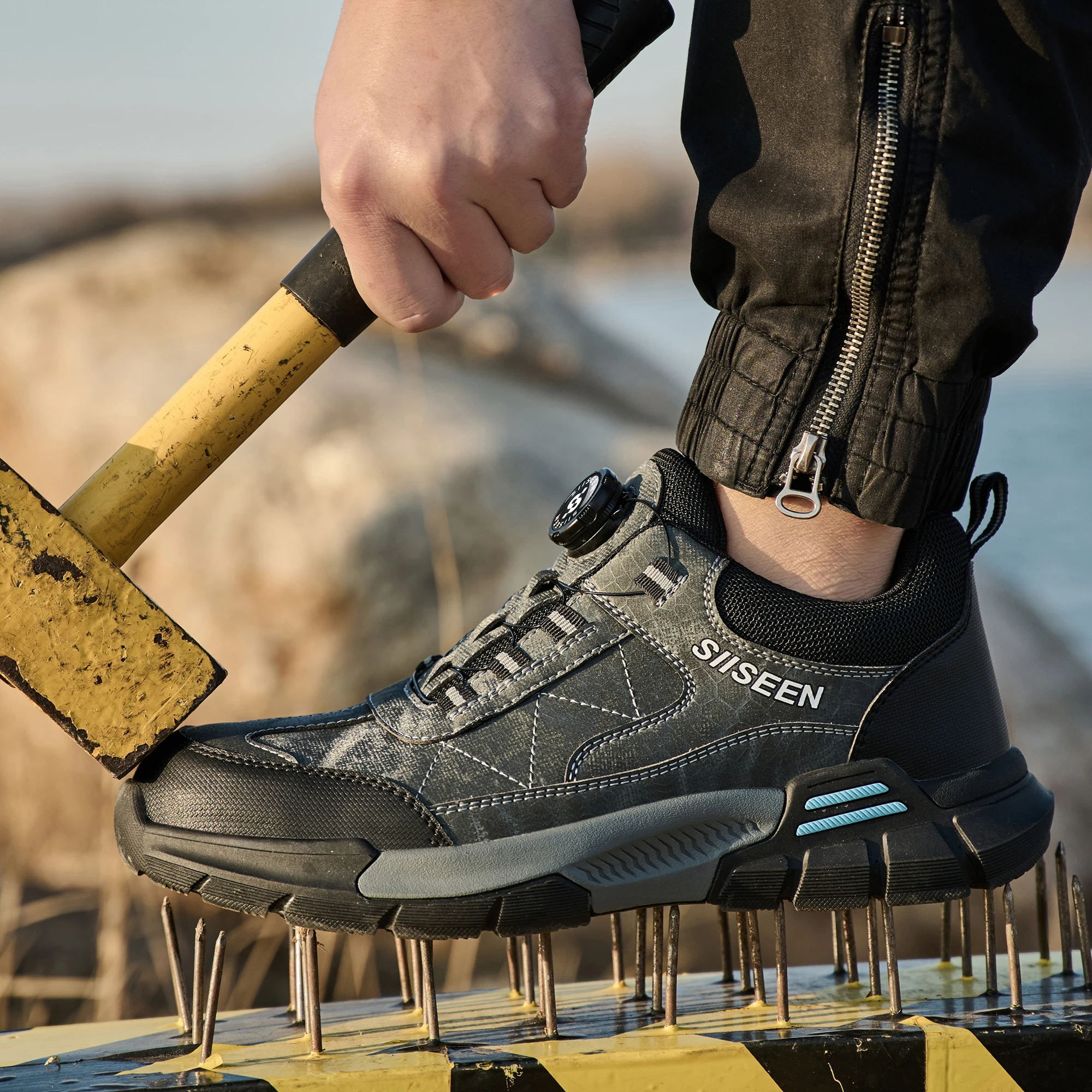 أحذية السلامة الصناعية للرجال الصلب تو المضادة للثقب كيفلر المألوف زر التفاصيل المضادة للانزلاق وحيد أحذية العمل الراحة