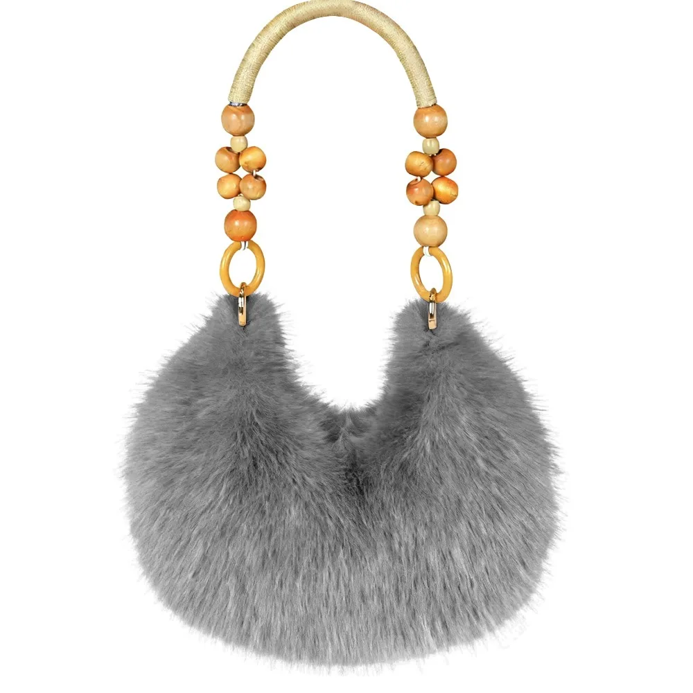 

Fashion Multicolor Furry Handbag Beads-Chain Handle Soft Underarm Bag Faux Fur Oval Tote Bag Daily