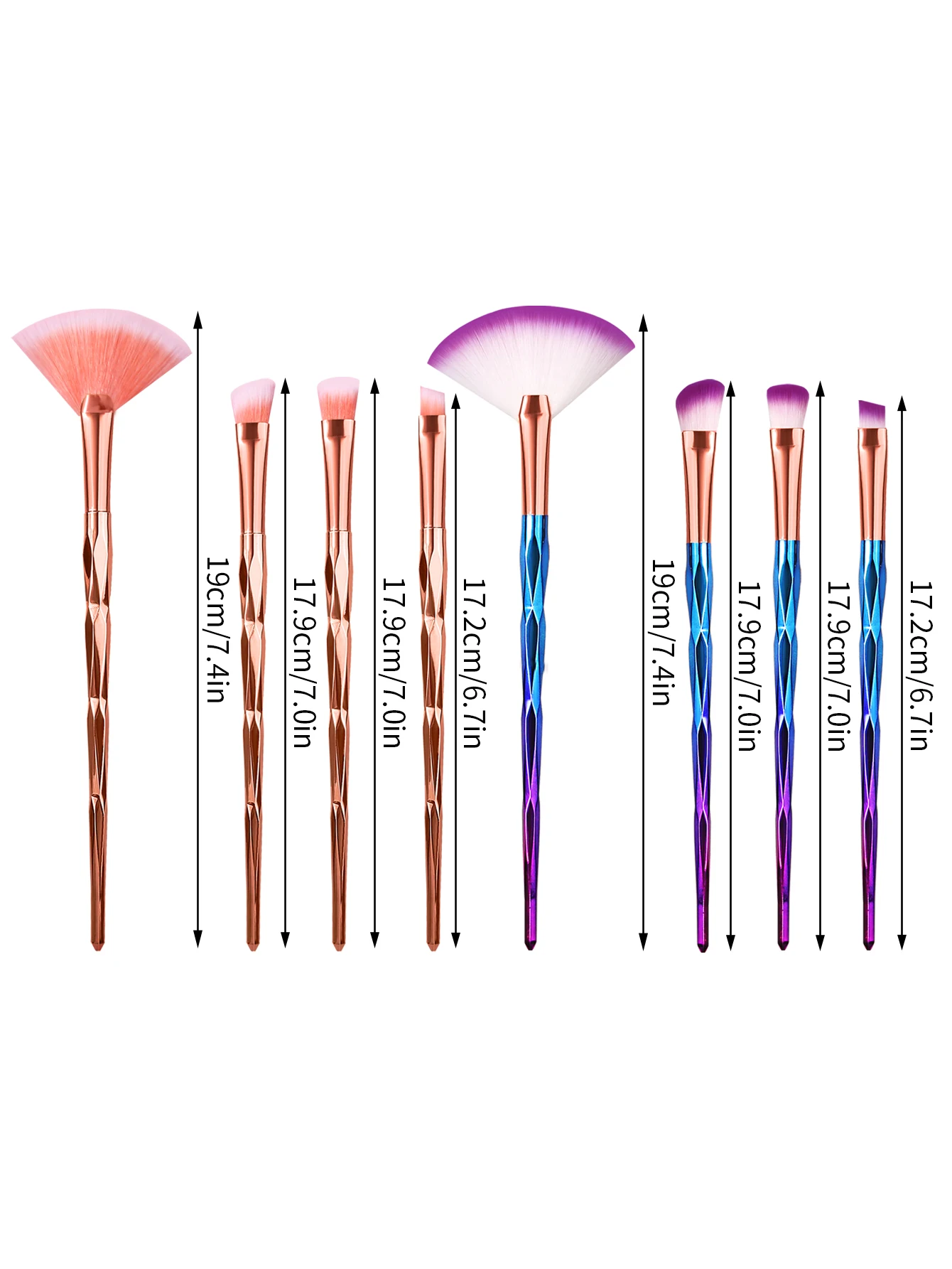 8 pezzi Pennello a forma di ventaglio con manico colorato, pennello per fard, pennello per contorno, pennello per ombretto, set di pennelli per trucco viso multifunzionale