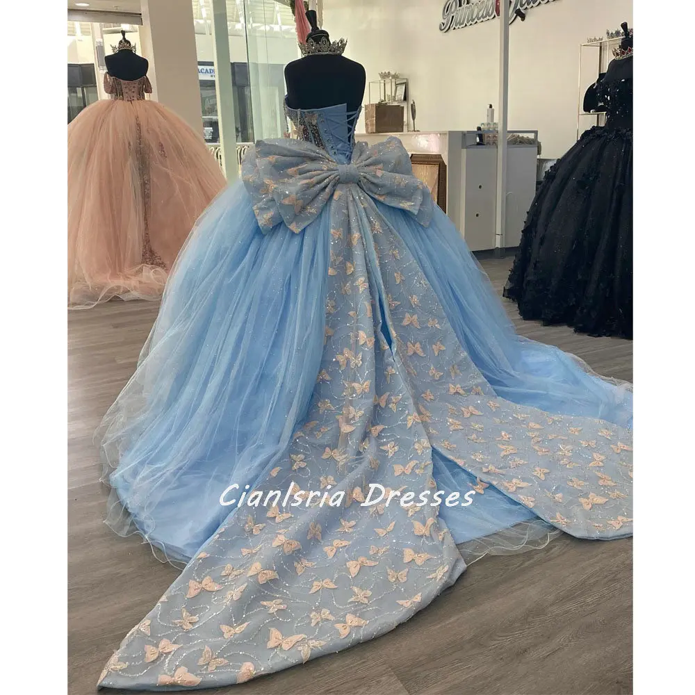 

Light Blue 3D Butterfly Bow Ball Gown Quinceanera Dresses Sweetheart Sleeveless Beading Crystal Corset Vestidos De 15 Años