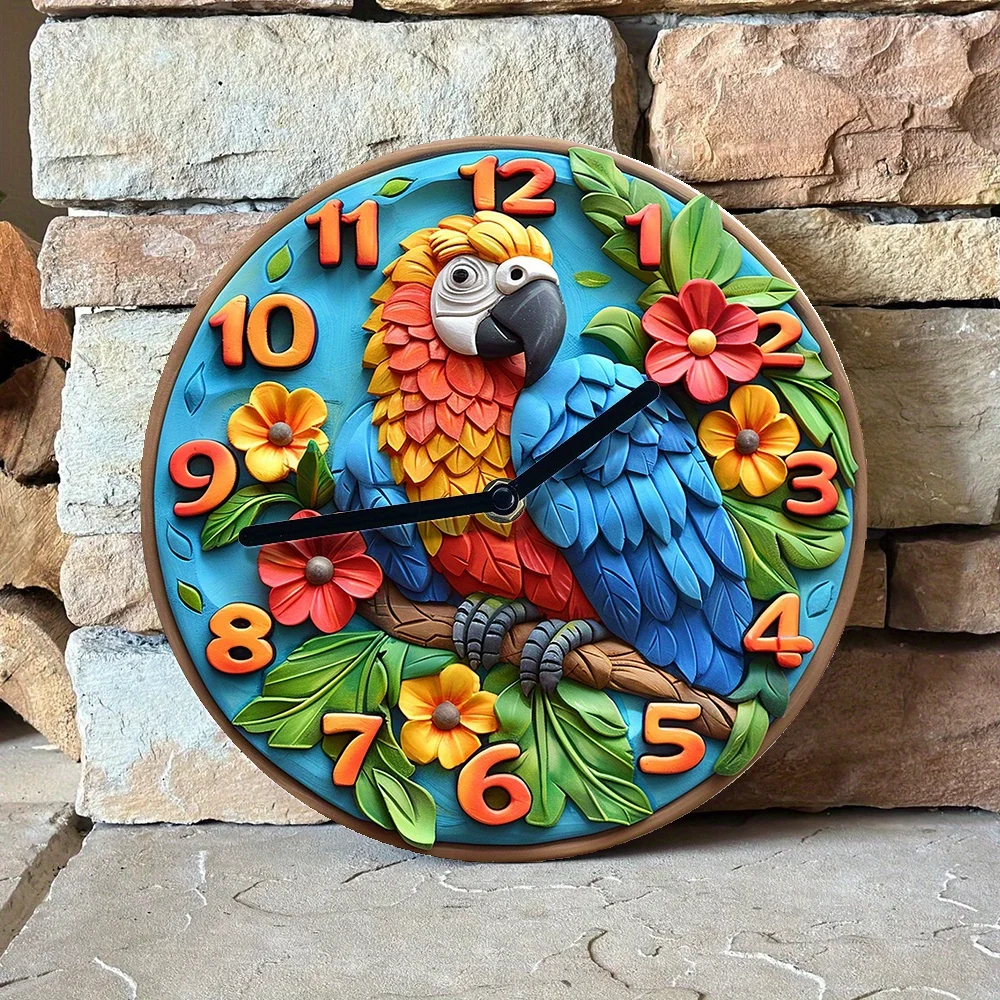 DIY Wall Clock Kit with Parrot Theme - 2D Effects, Tropical Flowers & Birds Decor, Autumn-Inspired Timepiece for Home Office