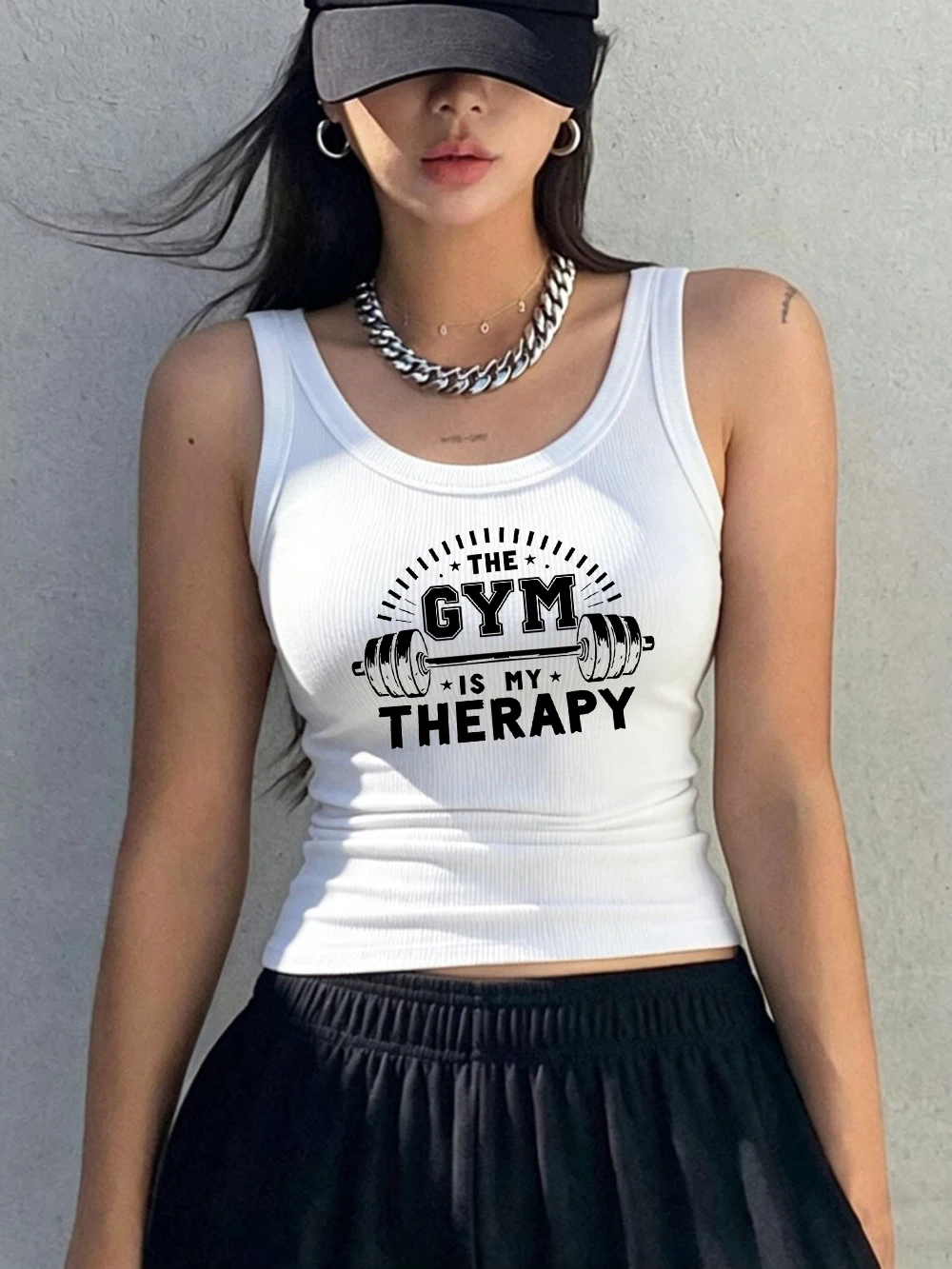The Gym Is My Therapy Printing Sleeveless Summer Y2K Womens Cotton Singlet Slim O-Neck Ribbed Knit Vest Sporty Soft Tank Tops